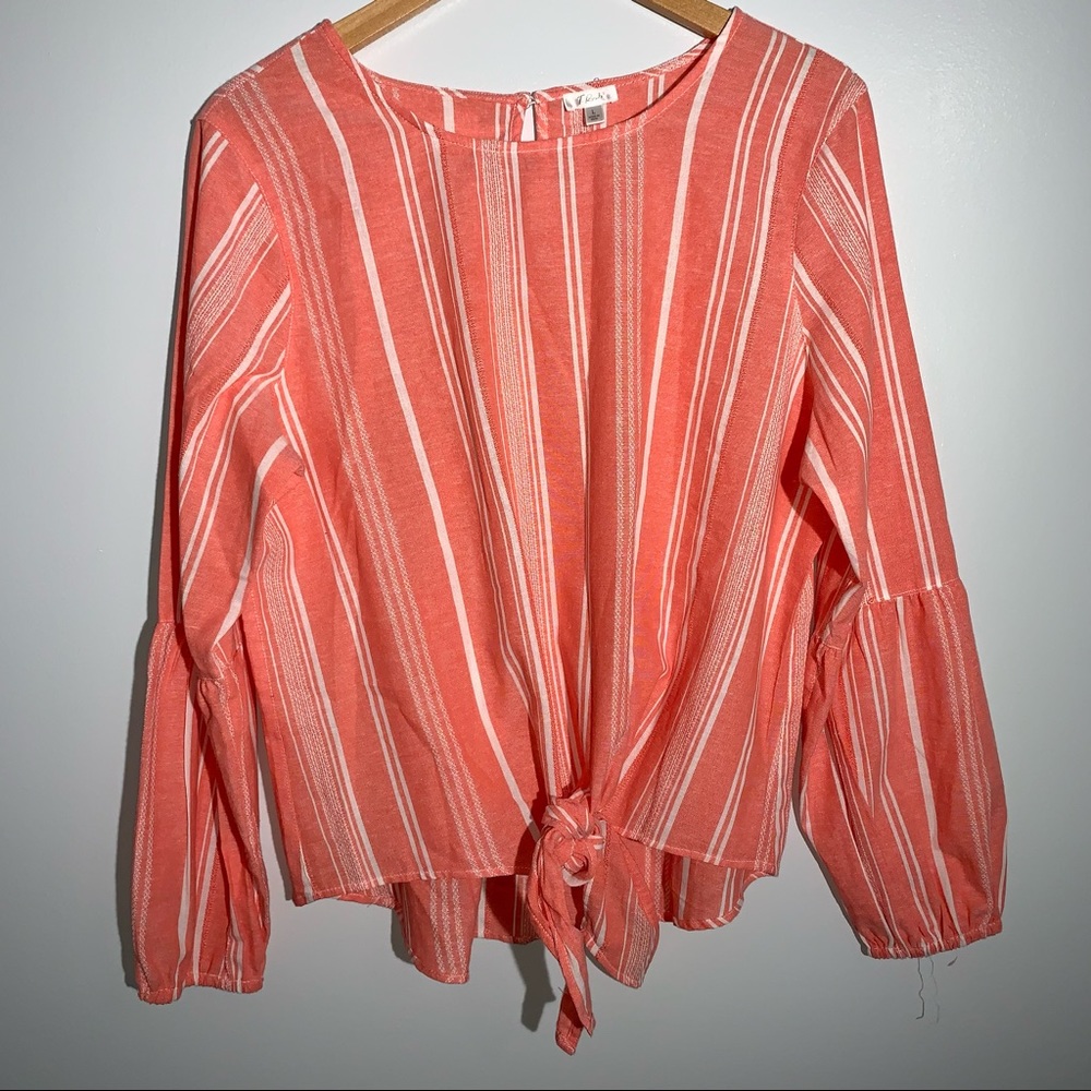Melon & White Striped Crisp Tie Front Top Sz Large